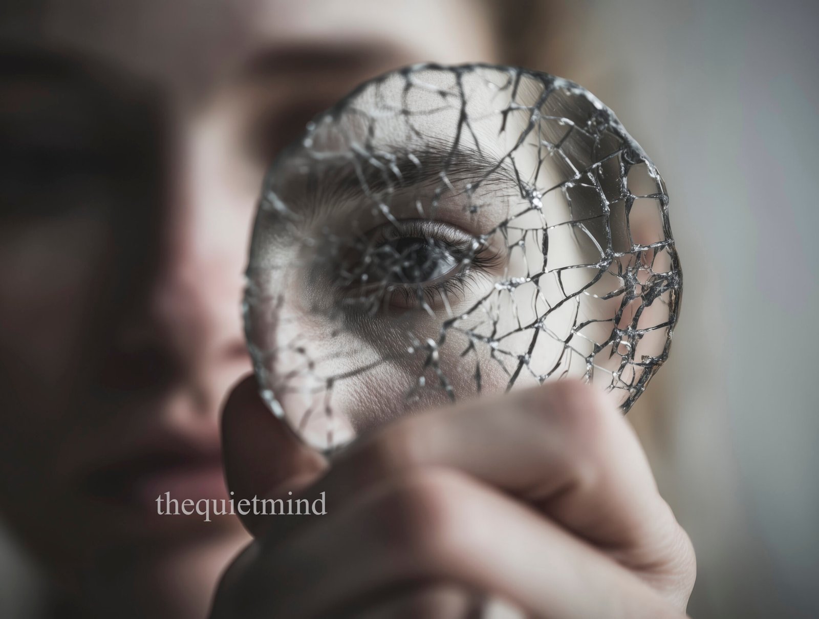 Eye Seen Through Cracked Glass in Female Hand Close-Up